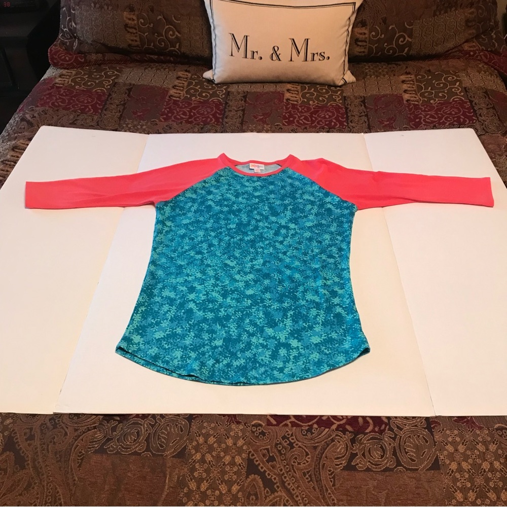 LuLaRoe Randy Womens Size XS Teal Pink Raglan Baseball Shirt 3/4 Sleeve Top